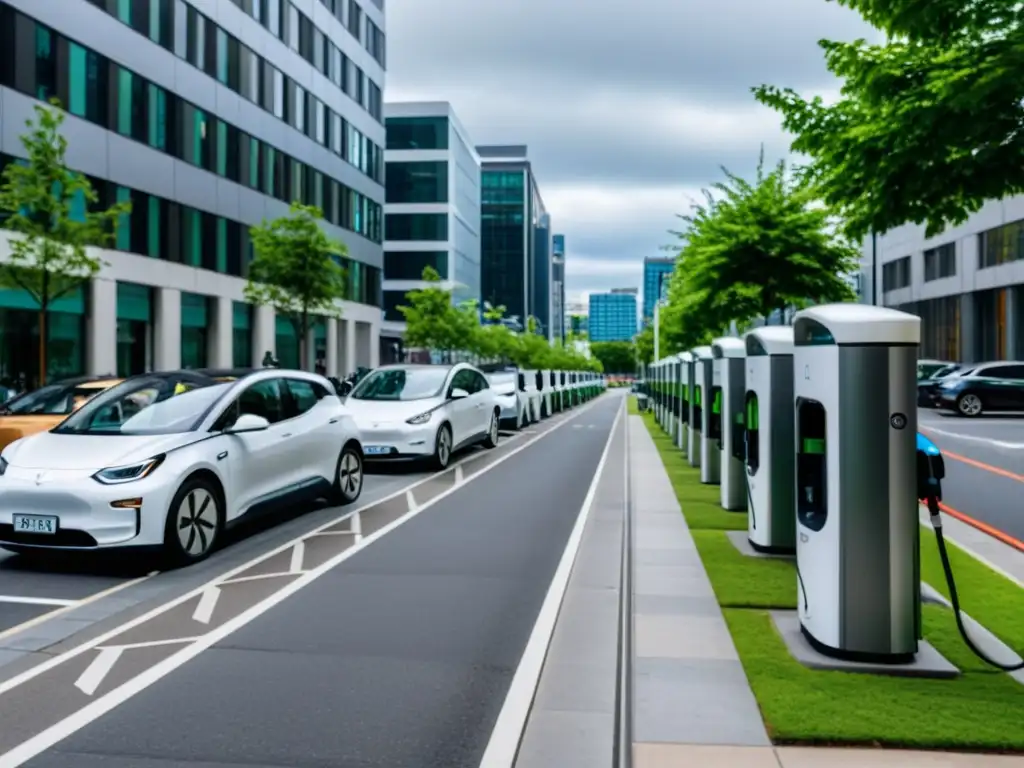 Una concurrida calle de la ciudad con estaciones de carga rápida para vehículos eléctricos