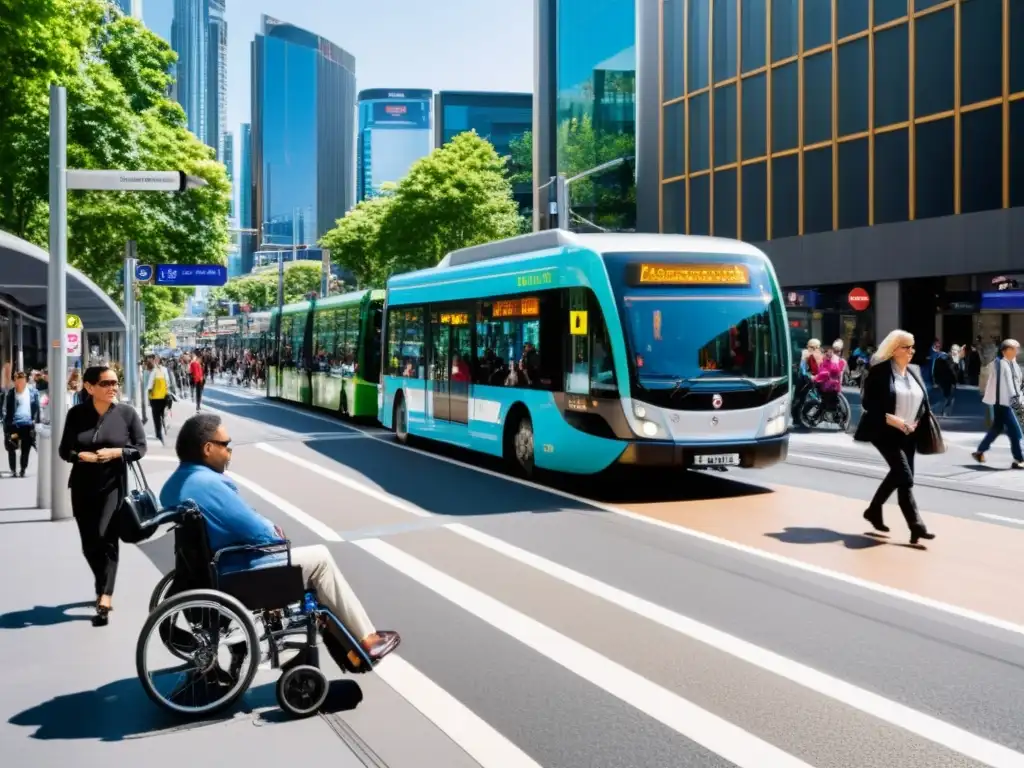 Una concurrida calle de la ciudad llena de personas usando diferentes modos de transporte accesible como autobuses, tranvías y bicicletas