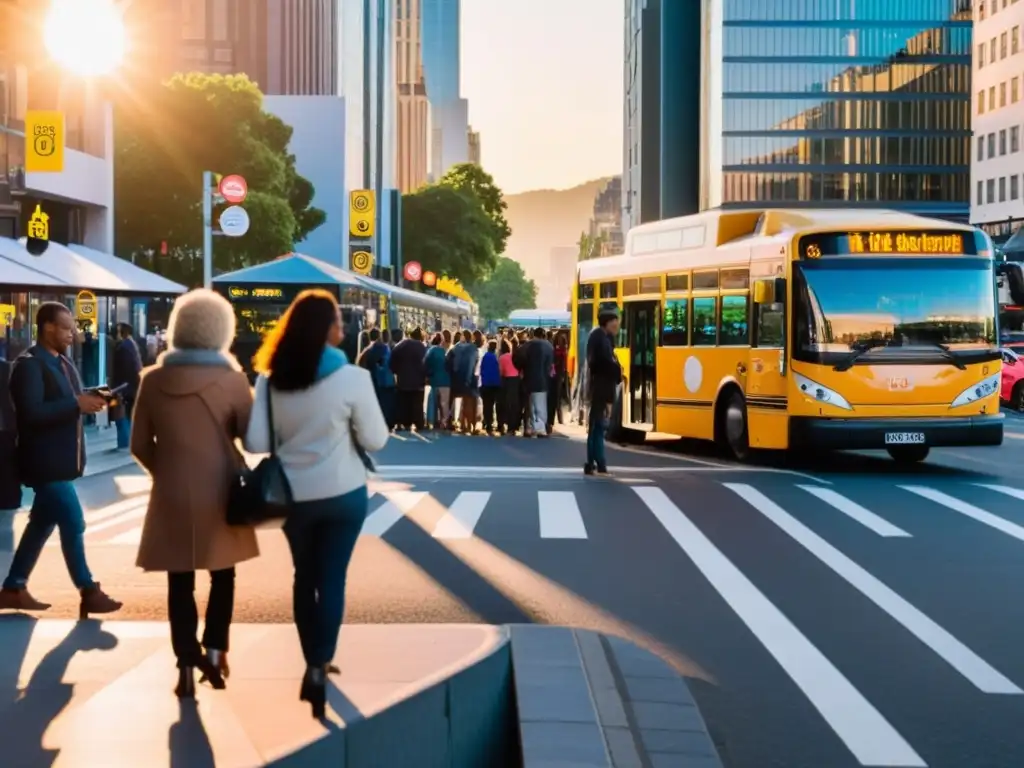 Una concurrida calle de la ciudad con personas esperando en la parada de autobús, mientras un coche de transporte compartido y un taxi están estacionados cerca