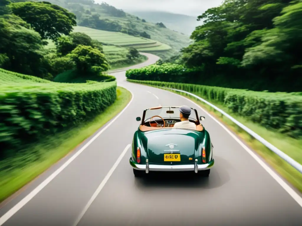 Conducción nostálgica en un coche vintage en carretera sinuosa, rodeado de exuberante vegetación