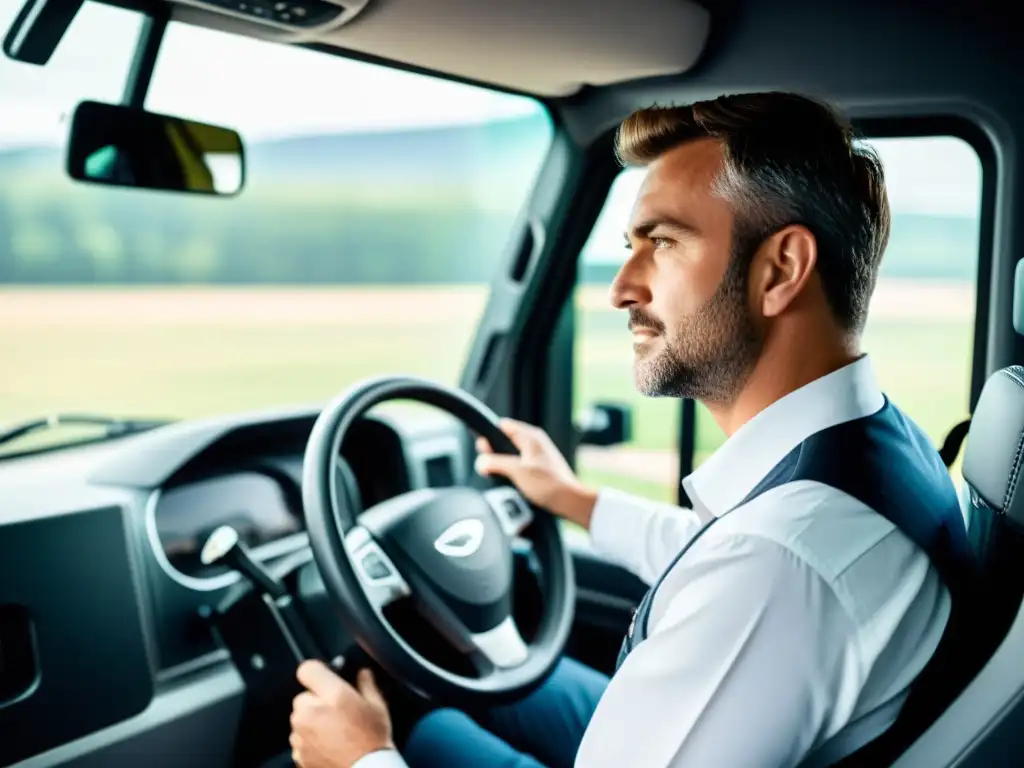 Concentración y confort: un conductor ajusta su asiento y agarra el volante en la cabina ergonómica de un camión moderno