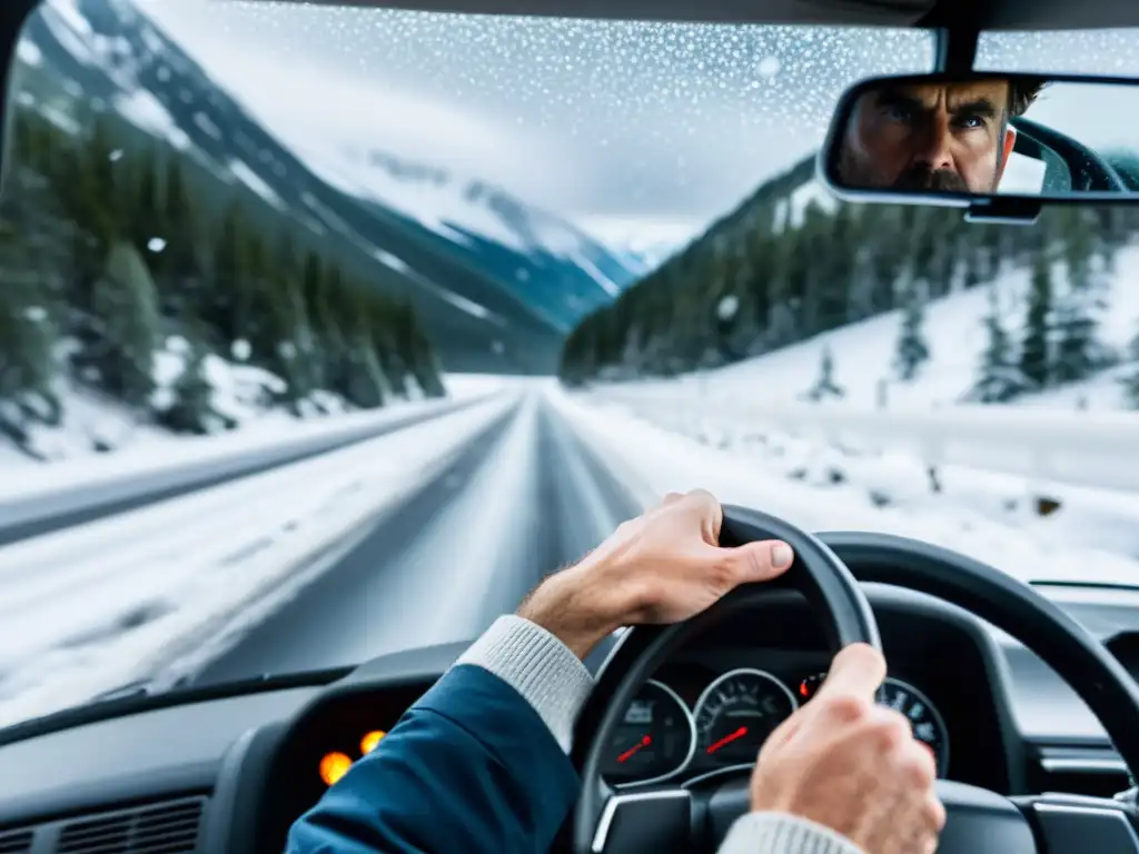 Un conductor de camión experimentado se esfuerza por navegar una peligrosa carretera de montaña nevada, mostrando determinación y concentración