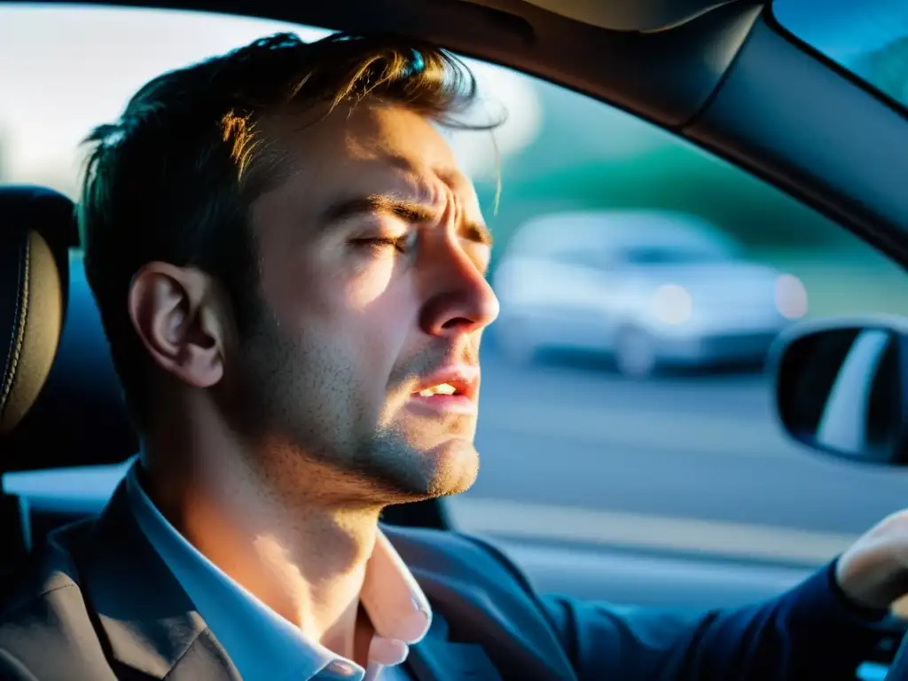 Conductor cansado luchando por mantenerse despierto al volante, destacando la importancia de dispositivos alerta somnolencia conductores