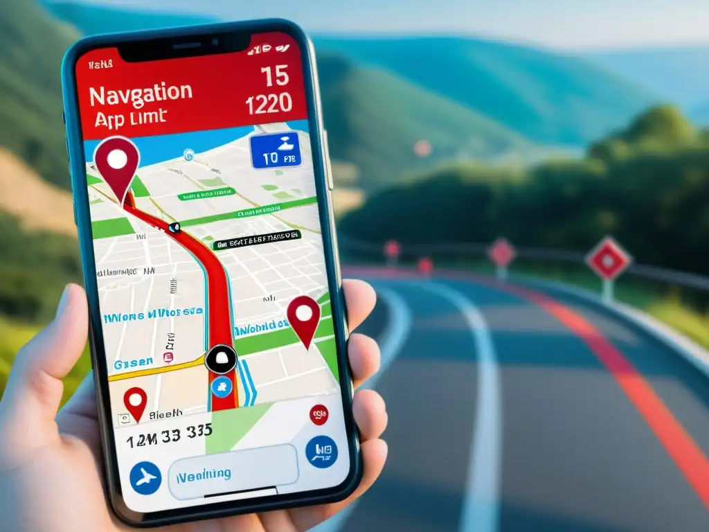 Un conductor concentrado mira la pantalla del smartphone con una app de navegación que muestra el límite de velocidad, evitando multas