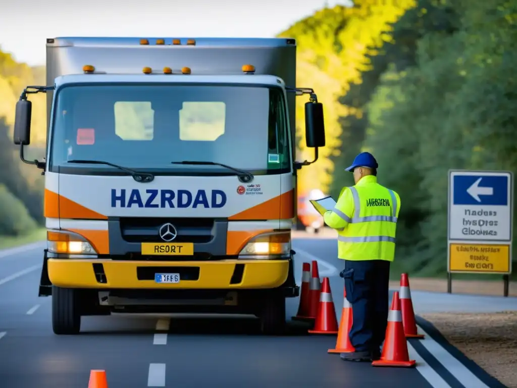 Un conductor realiza el control de riesgos en transporte de materiales peligrosos en un área de descanso