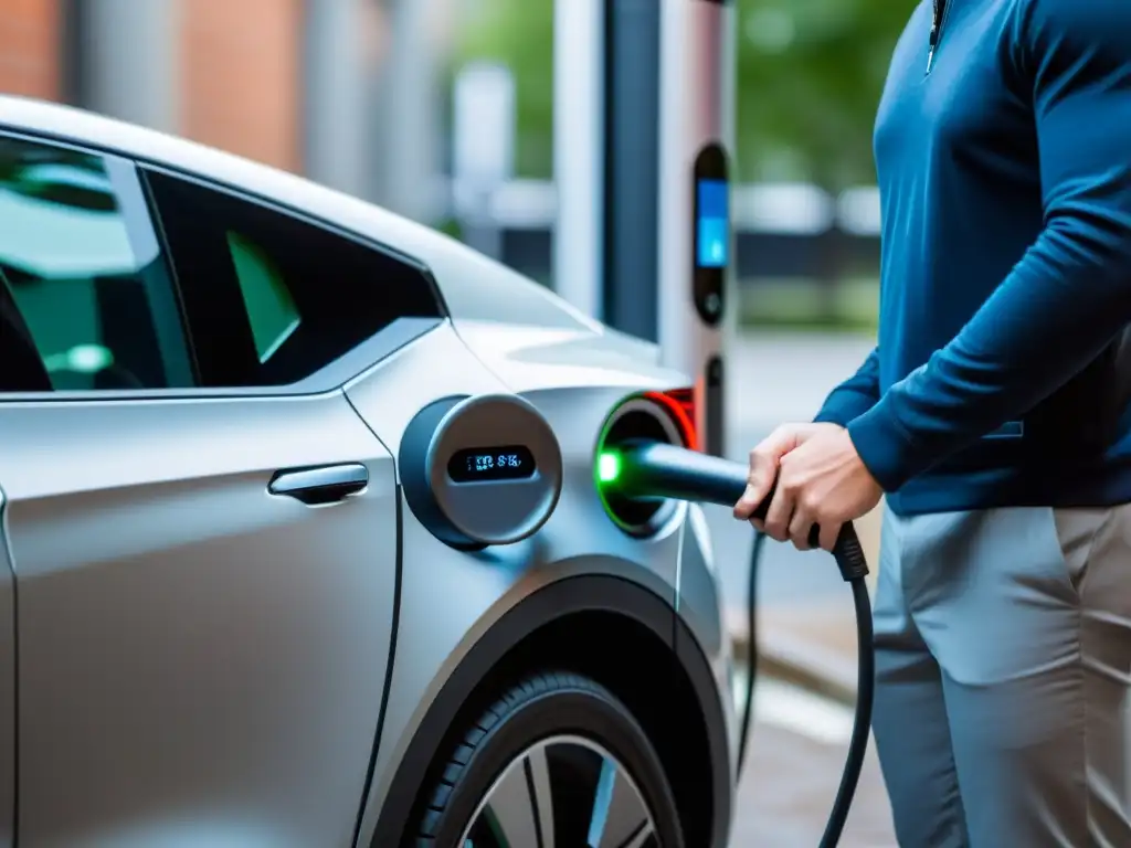 Un conductor usa una estación de carga rápida portátil para cargar su coche eléctrico en un entorno urbano bien iluminado