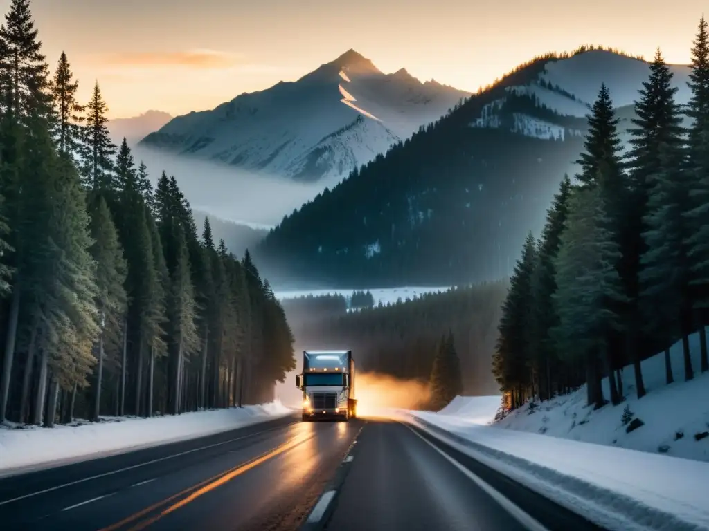 Conductor experimentado transporta carga fría en paisaje invernal, iluminado por faros del camión en la oscuridad del atardecer