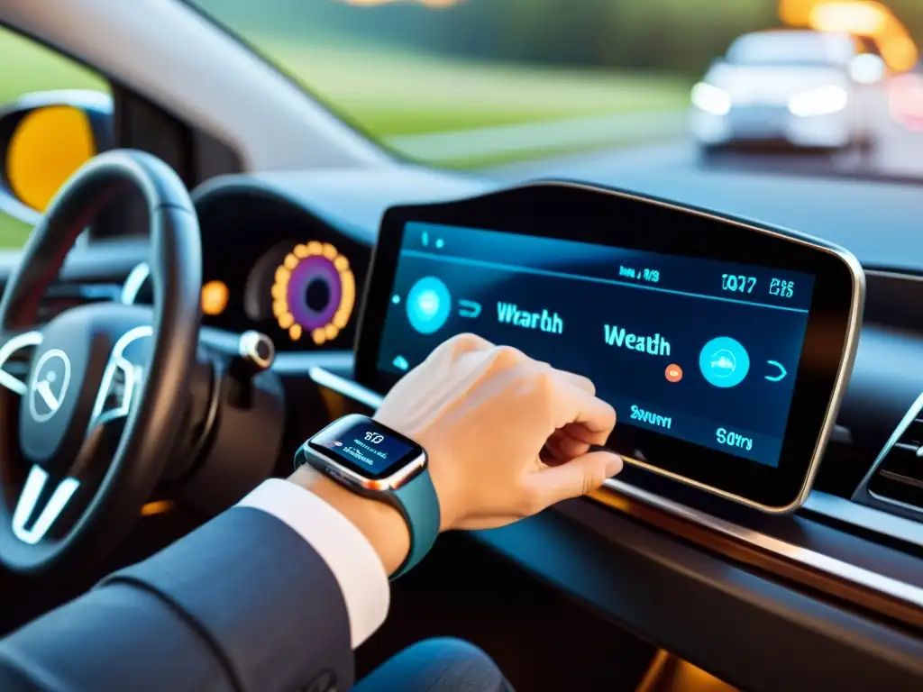 Un conductor interactúa con la tecnología wearable mientras está en su coche