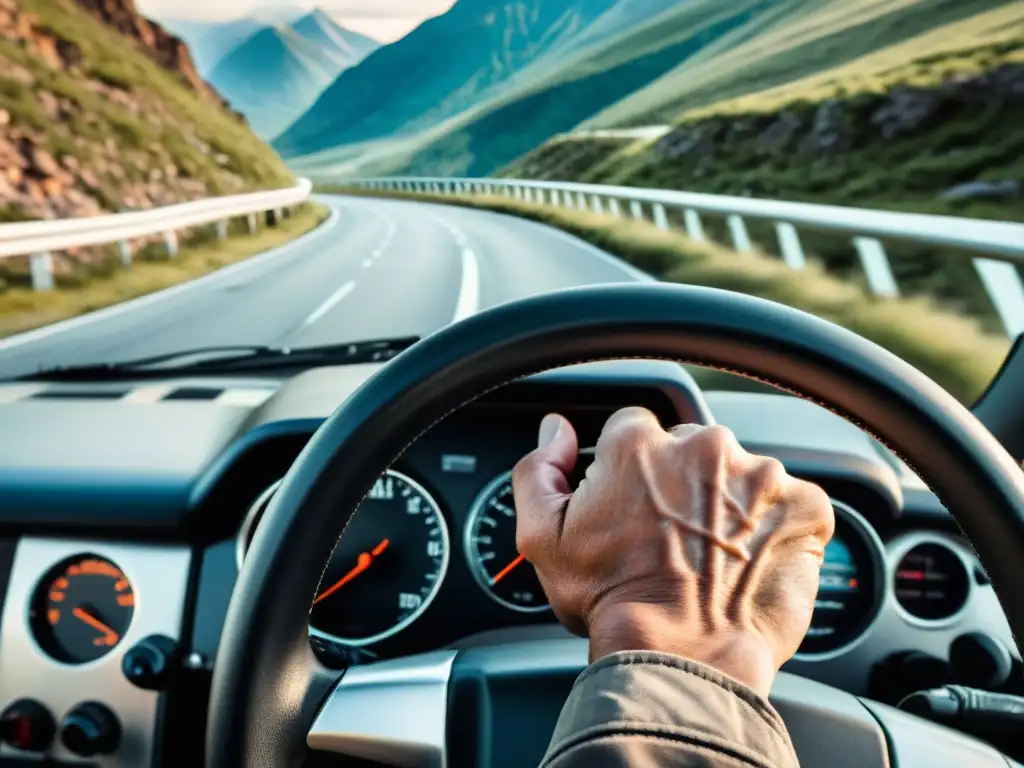 Un conductor de camión con las manos en el volante, concentrado en una carretera montañosa