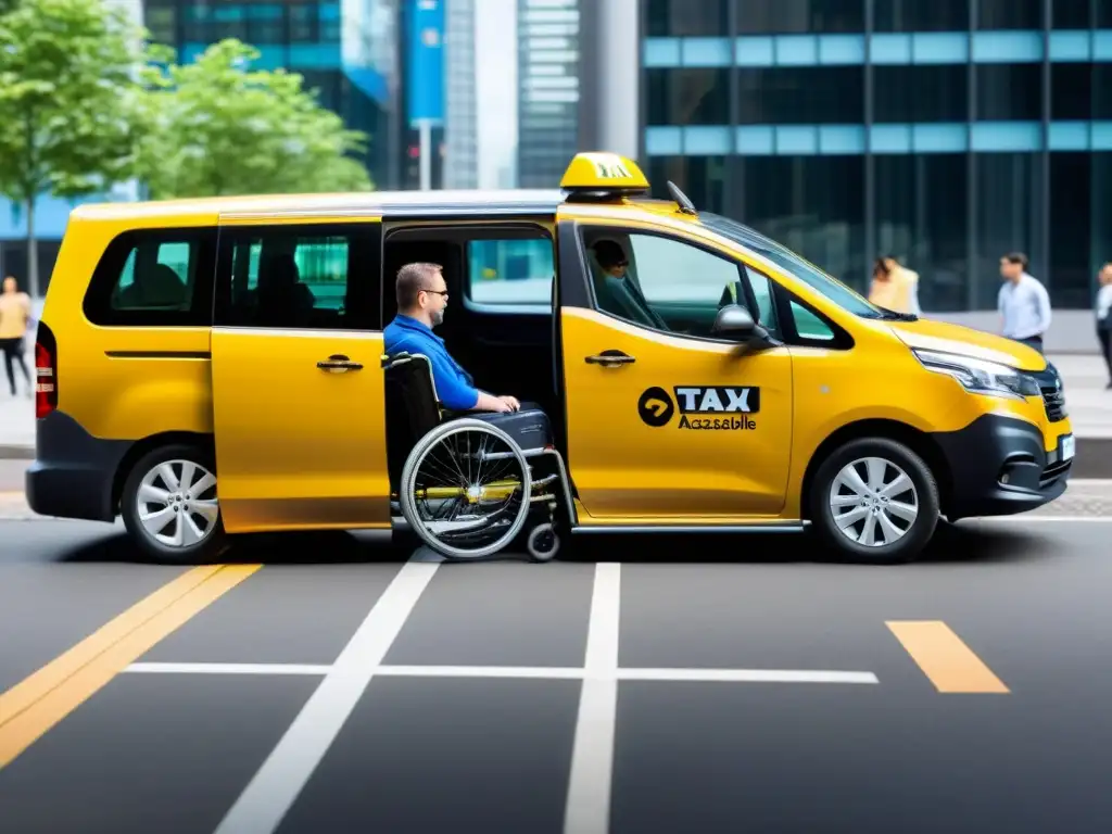 Un conductor ayuda a un pasajero en silla de ruedas a abordar un vehículo accesible en una parada de taxis urbanos