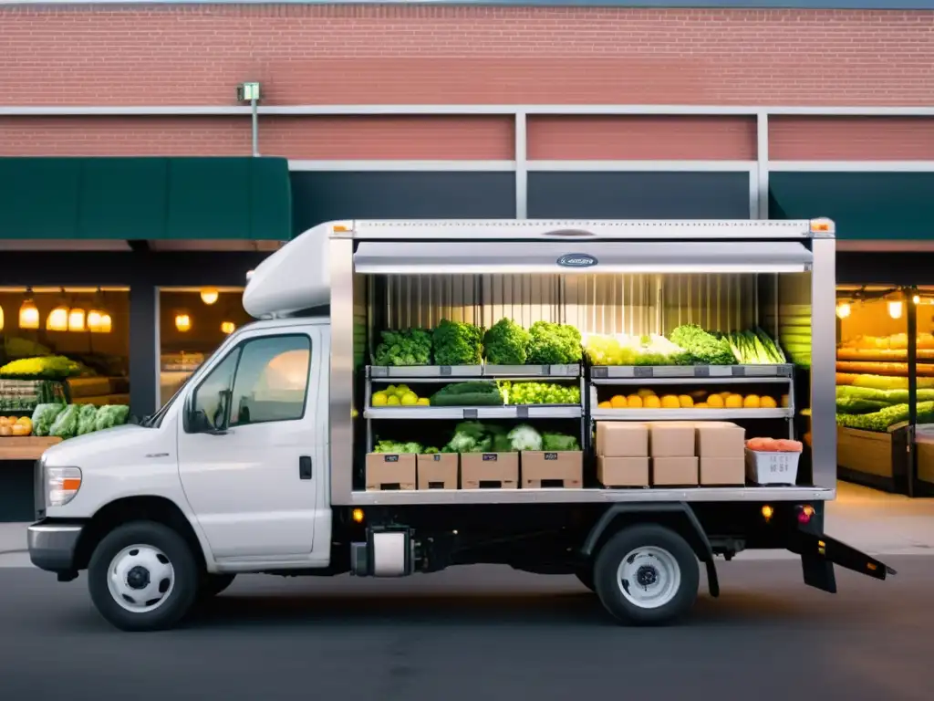 Un conductor descarga productos frescos de un camión refrigerado frente a una tienda, mostrando soluciones innovadoras distribución último tramo