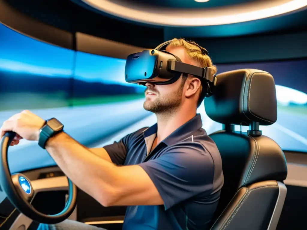 Un conductor de camión experimenta la realidad virtual en simuladores de transporte, mostrando el impacto revolucionario de la tecnología