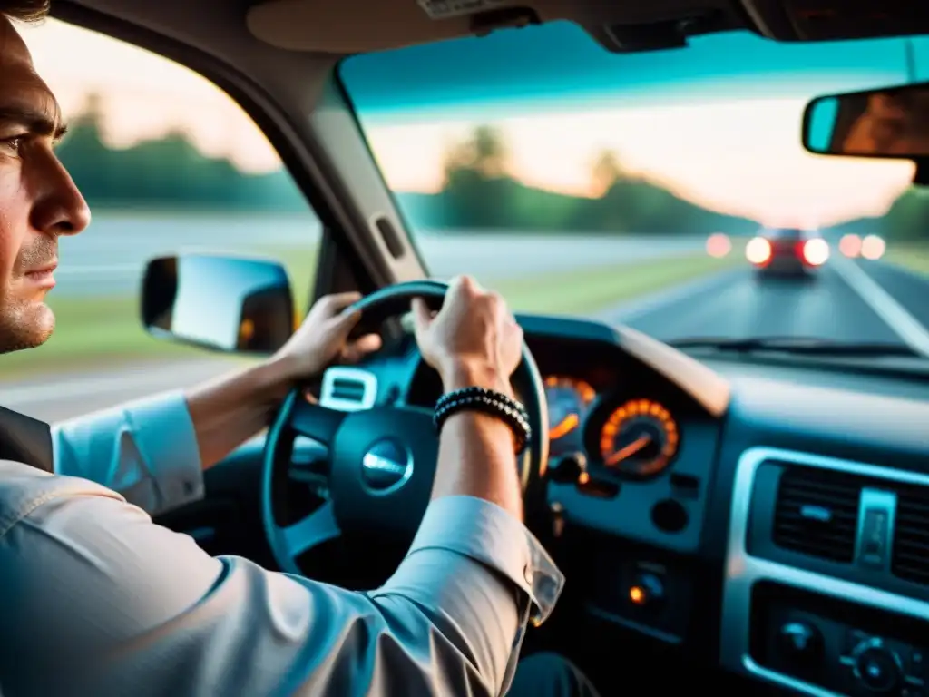 Un conductor tenso agarra el volante en una autopista transitada, mostrando la gestión de riesgos en transporte