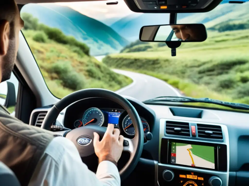 Un conductor de camión se concentra en el volante mientras utiliza apps de navegación para camioneros en una carretera de montaña