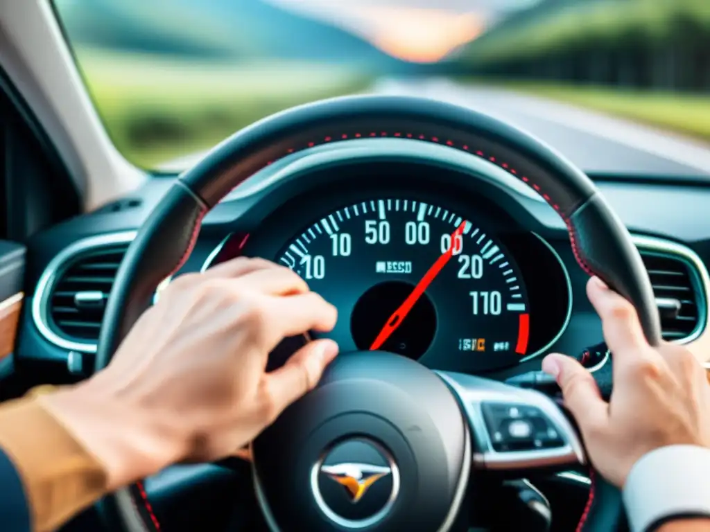 Un conductor se concentra en el volante, con el tablero y la app de navegación mostrando el límite de velocidad