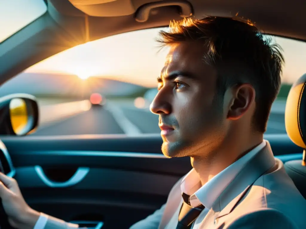 Conductora luchando contra el sueño al volante, rodeada de dispositivos alerta somnolencia conductores