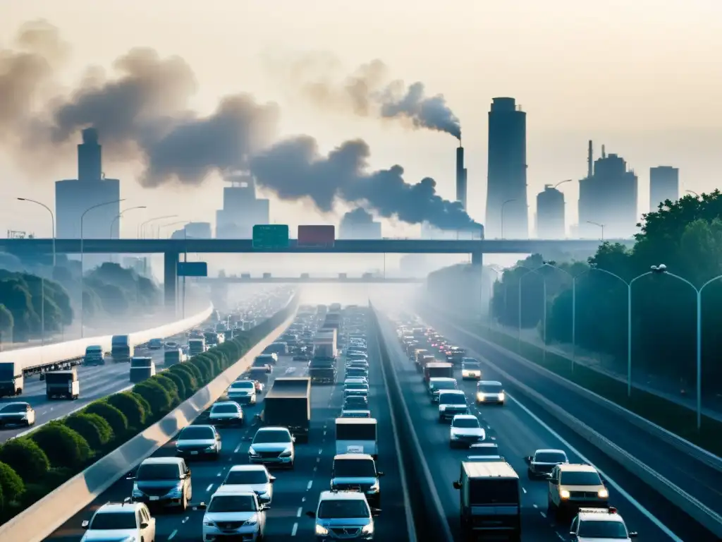 Consecuencias del desarrollo industrial en el transporte: tráfico pesado y contaminación por emisiones de camiones en una autopista congestionada