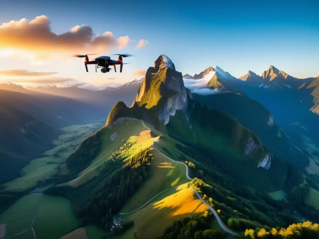 Consejos para capturar imágenes aéreas espectaculares: Amanecer vibrante sobre montañas, drone captura la belleza natural entre valles neblinosos