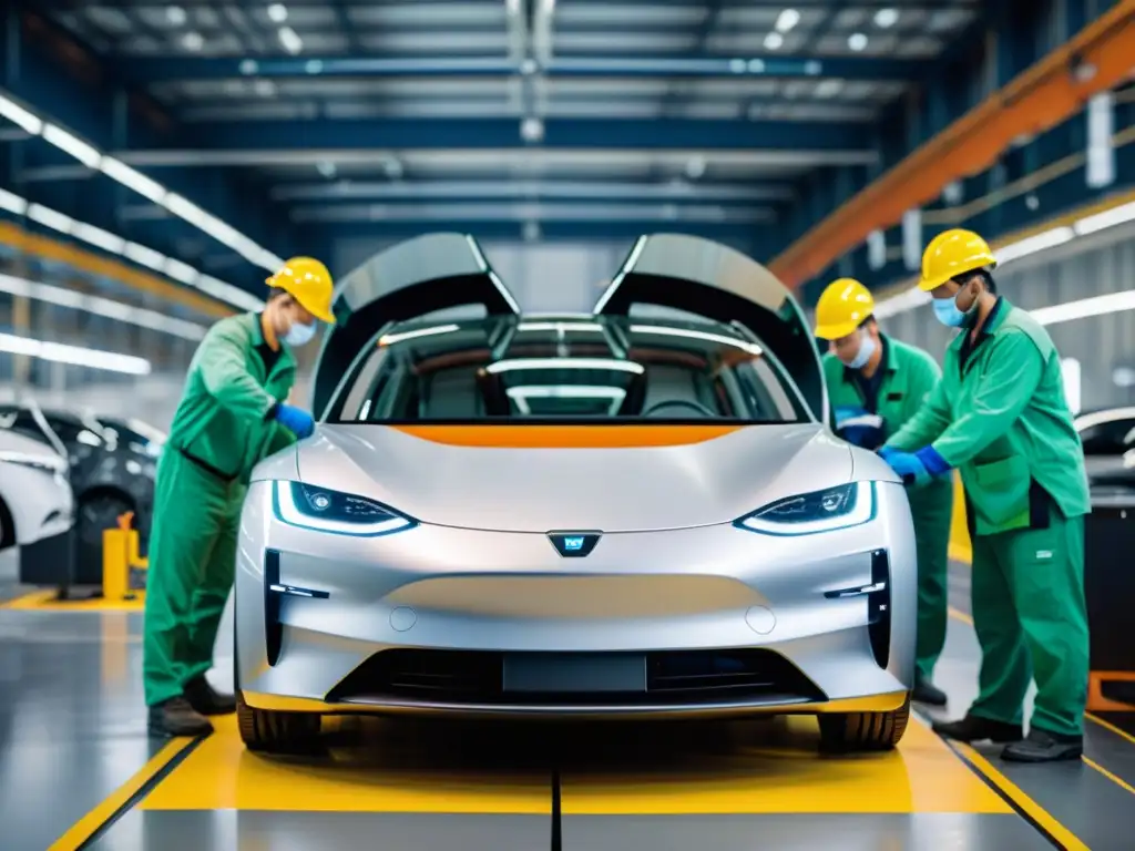 Construcción de un coche eléctrico con materiales reciclados en una fábrica moderna