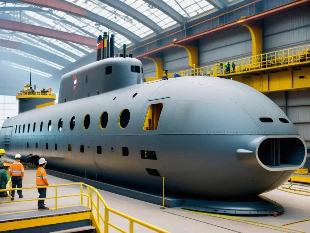 Construcción de un submarino moderno en astillero, reflejando la evolución del diseño de submarinos desde la Guerra Fría