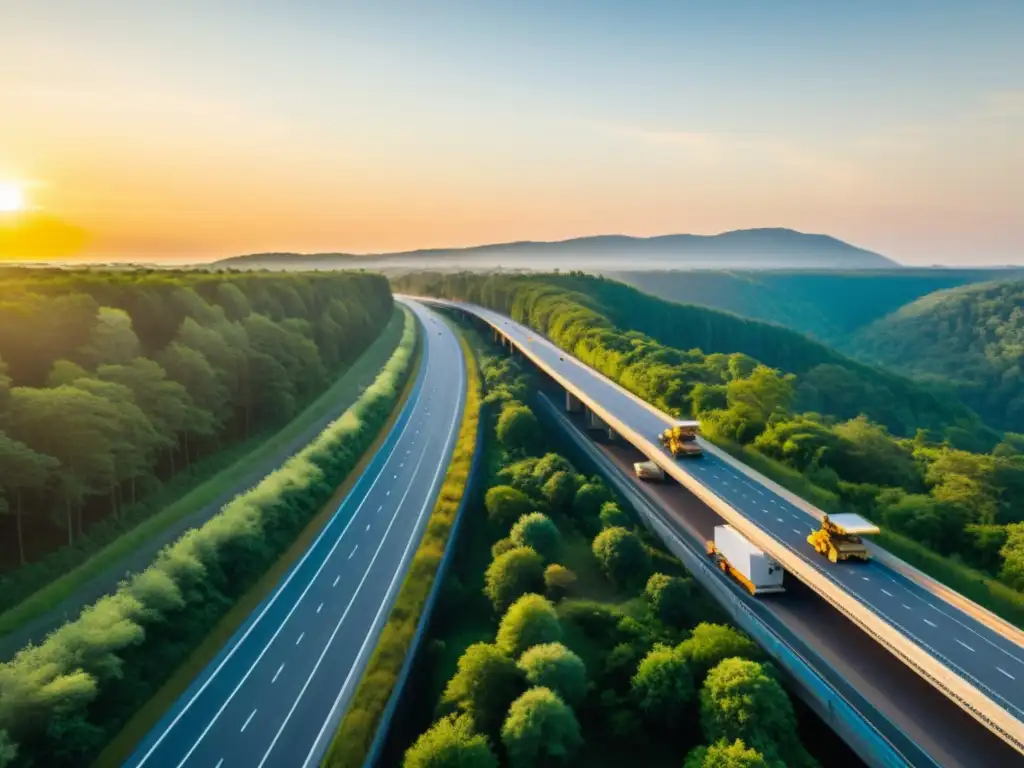 Carretera recién construida atraviesa un frondoso bosque, con maquinaria pesada y trabajadores