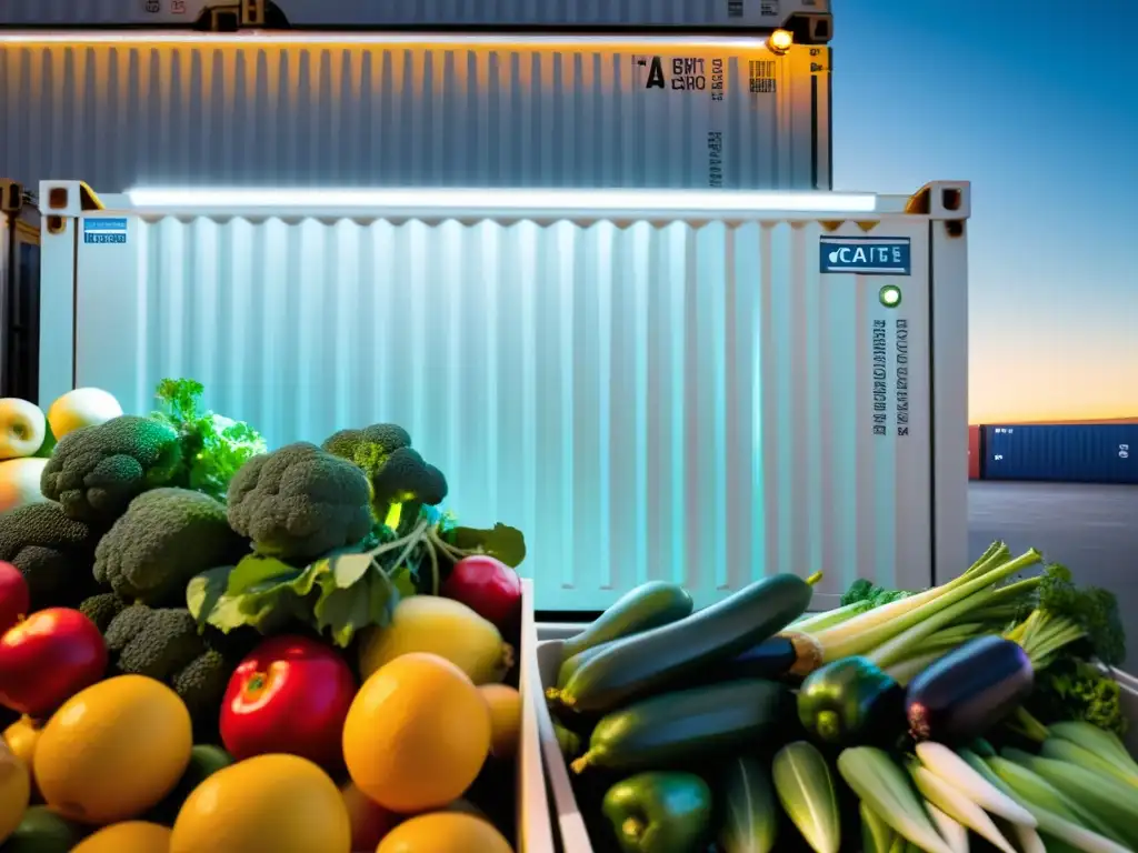 Contenedor refrigerado con frutas y verduras, resaltando la importancia de la atmósfera controlada en el transporte frío