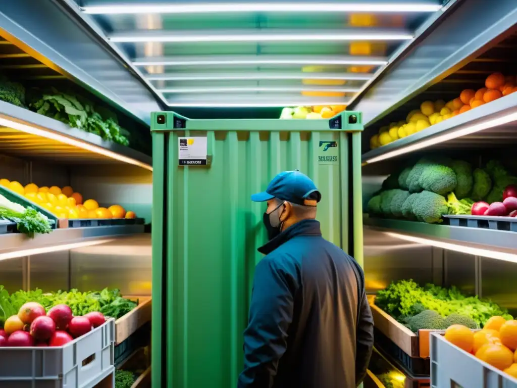 Un contenedor refrigerado con frutas y verduras frescas, control de temperatura y humedad, ambiente estéril