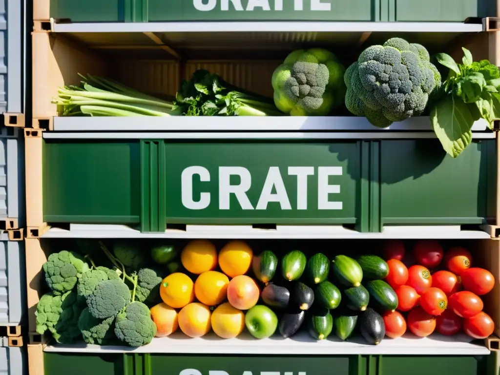 Contenedor refrigerado con frutas y verduras apiladas con condensación, destacando la importancia de la atmósfera controlada en el transporte frío