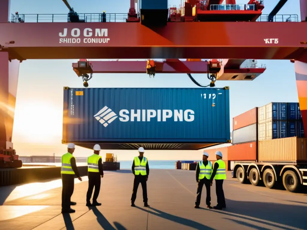 Un contenedor refrigerado con el logo de una empresa logística es cargado en un barco en un puerto bullicioso al atardecer