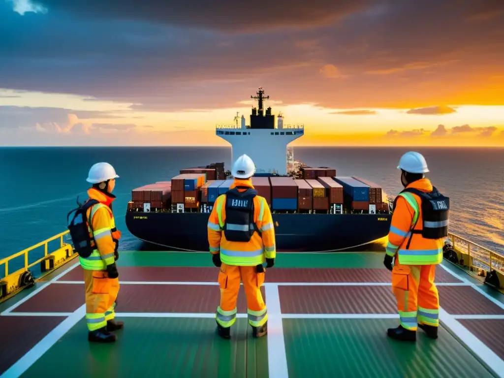 Tripulación inspeccionando contenedores de material peligroso en cubierta de barco, resaltados por el atardecer sobre el mar