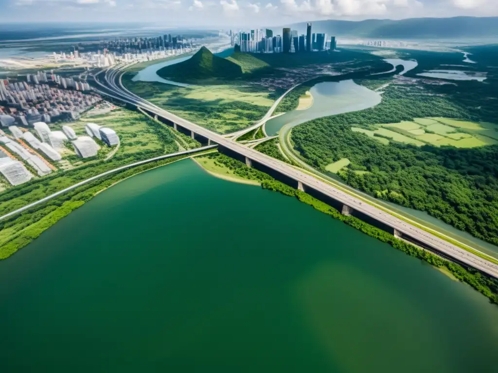 Contraste entre la ciudad y la naturaleza, mostrando la contribución problemática de la aviación temprana en el medio ambiente