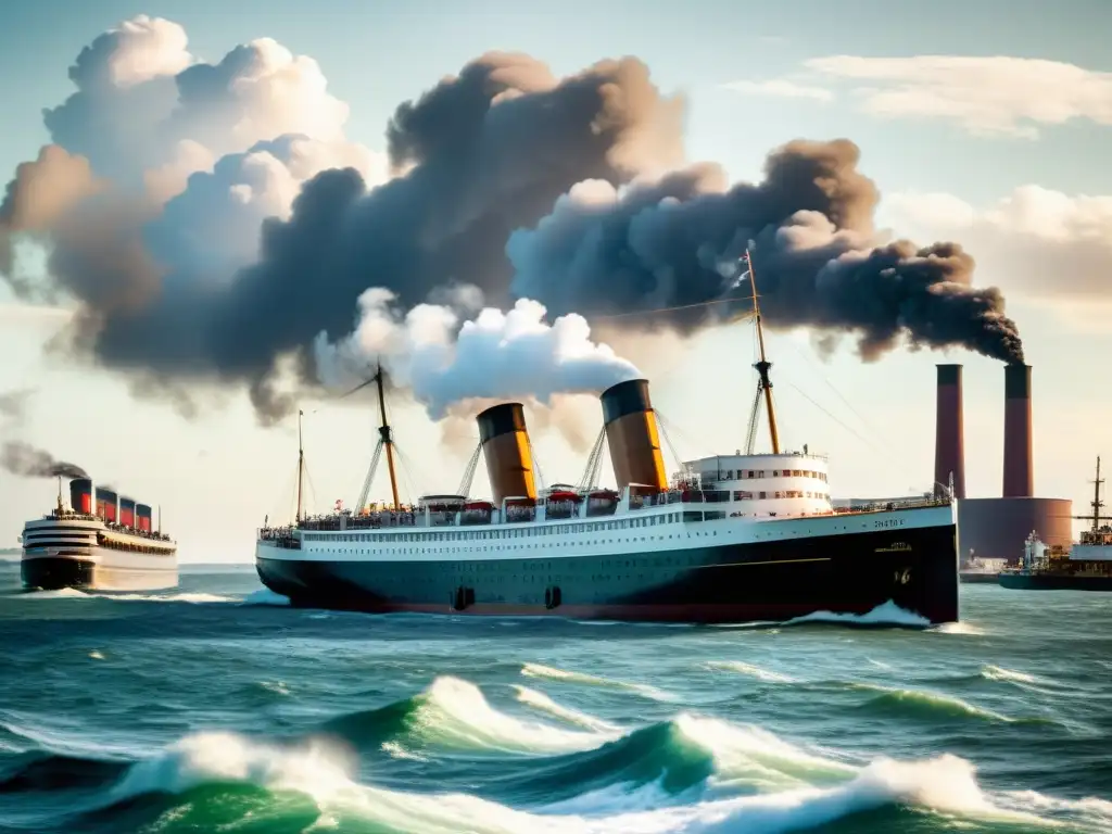 Contraste de evolución medios transporte marítimo: barco de vapor vintage frente a lujoso crucero moderno en aguas agitadas