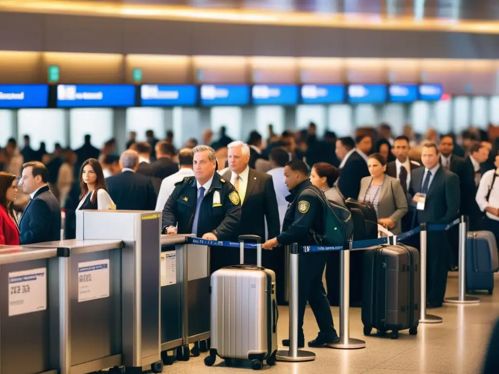 Control de seguridad en aeropuerto con viajeros esperando en fila, inspección de equipaje y tecnología avanzada