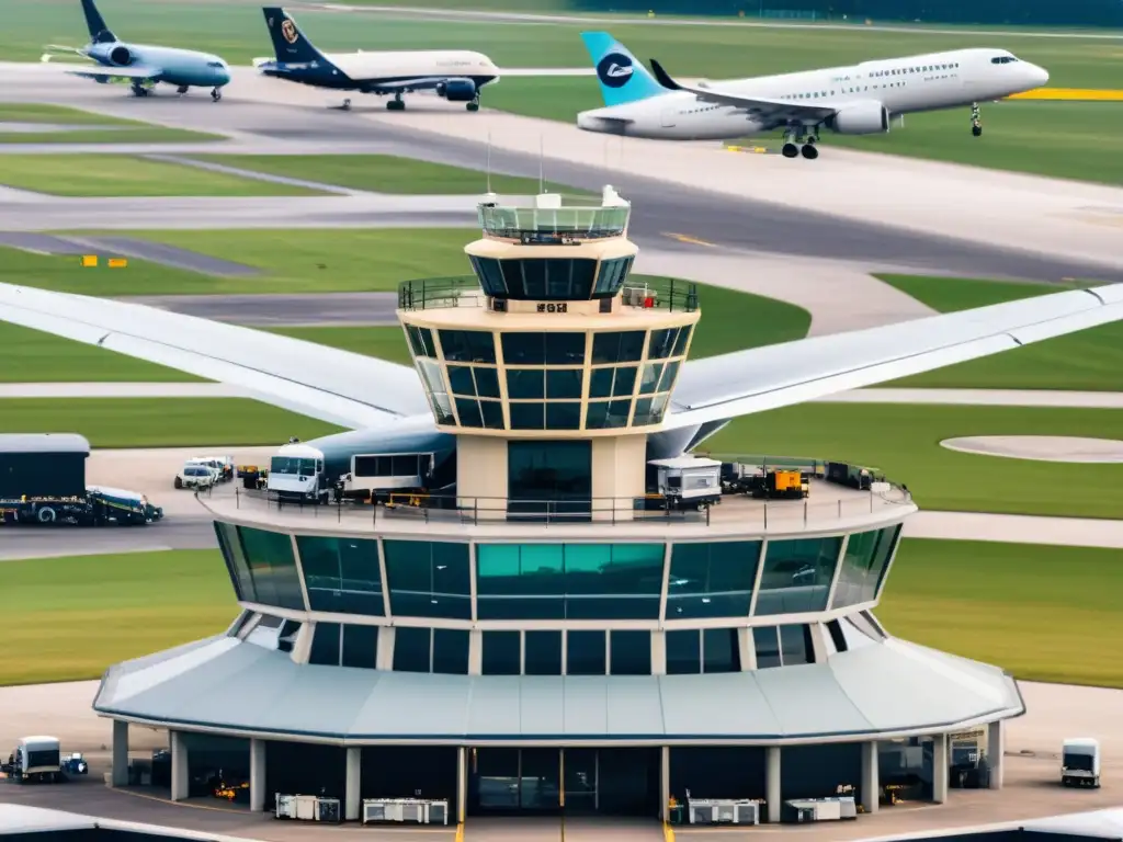 Controlador de tráfico aéreo en torre, con aviones en pistas