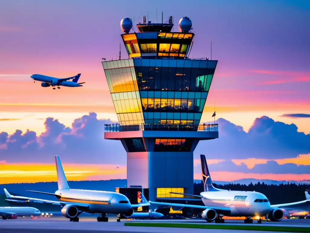 Controladores de tráfico aéreo manejan vuelos en un bullicioso atardecer, con herramientas fundamentales controladores tráfico aéreo