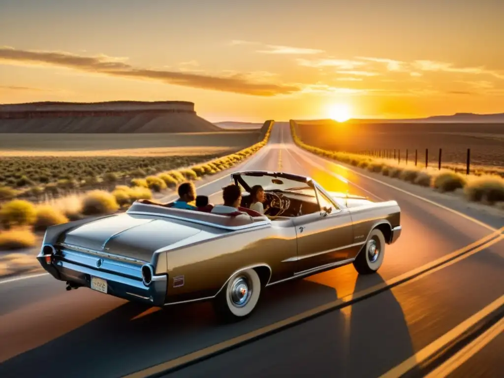 Un convertible vintage recorre una carretera desierta al atardecer, con músicos en su interior, fusionando música y cultura automotriz, simbolizando el impacto del automóvil en la música