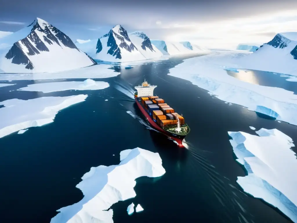 Convoi de barcos de carga en corredores logísticos fríos del mundo, rodeados de montañas nevadas y cielos polares dramáticos en el Ártico