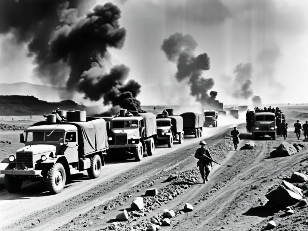 Convoi de camiones militares en un paisaje de guerra, mostrando la evolución de los camiones de suministro y el esfuerzo de los soldados