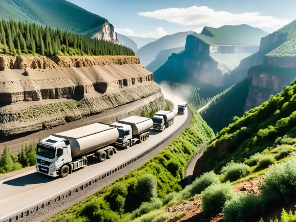 Convoi de camiones pesados en ruta montañosa, desafiando peligros del transporte de carga pesada en terreno difícil