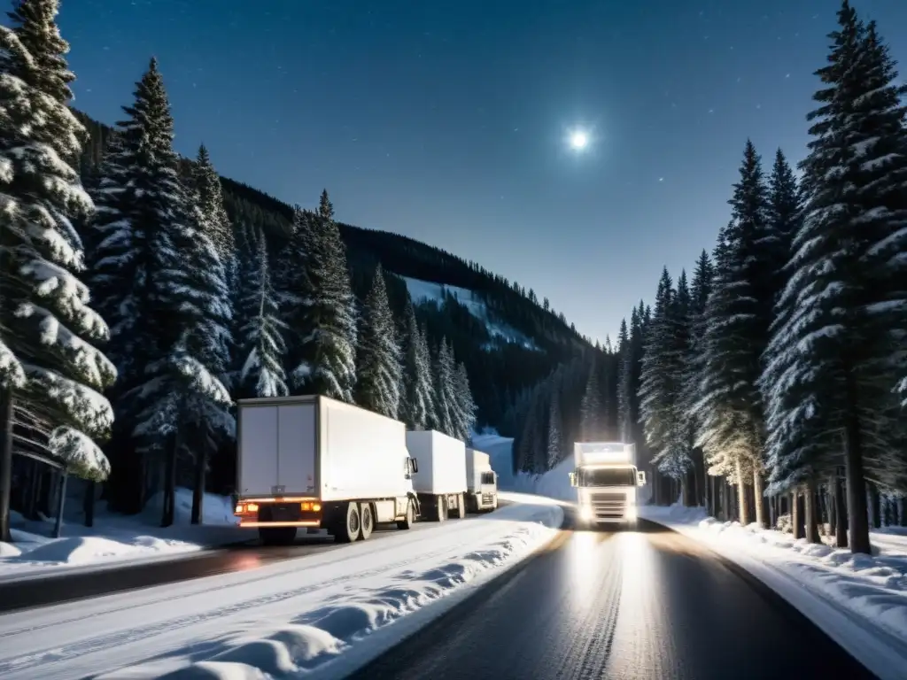 Convoi de camiones refrigerados atravesando un paso de montaña nevado, optimización de rutas de transporte