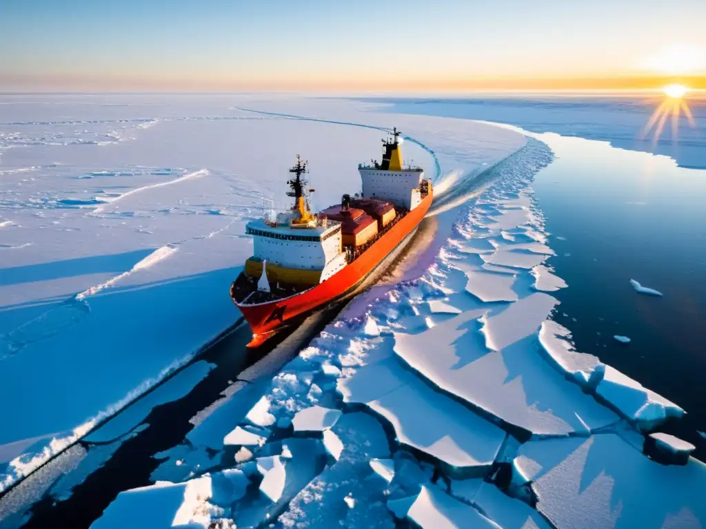 Convoi de rompehielos en el Ártico, creando corredores logísticos fríos del mundo, rodeados de un paisaje helado y grandioso al atardecer