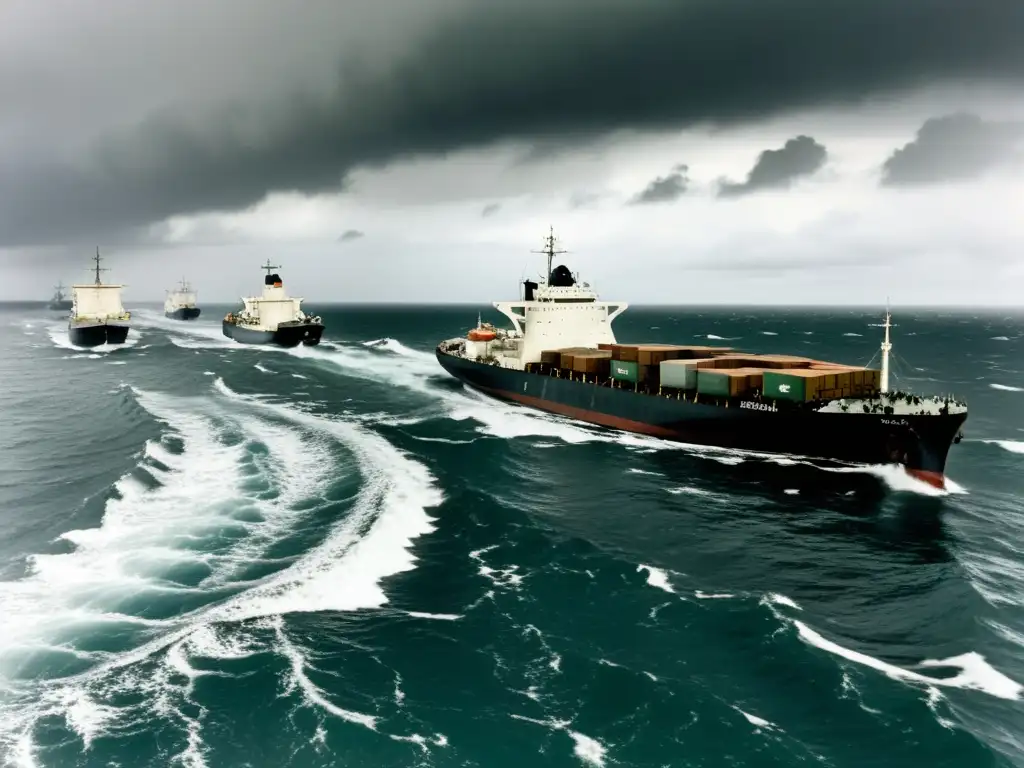 Convoy de barcos de carga navegando en el mar durante la Segunda Guerra Mundial, mostrando la importancia del transporte marítimo en guerras