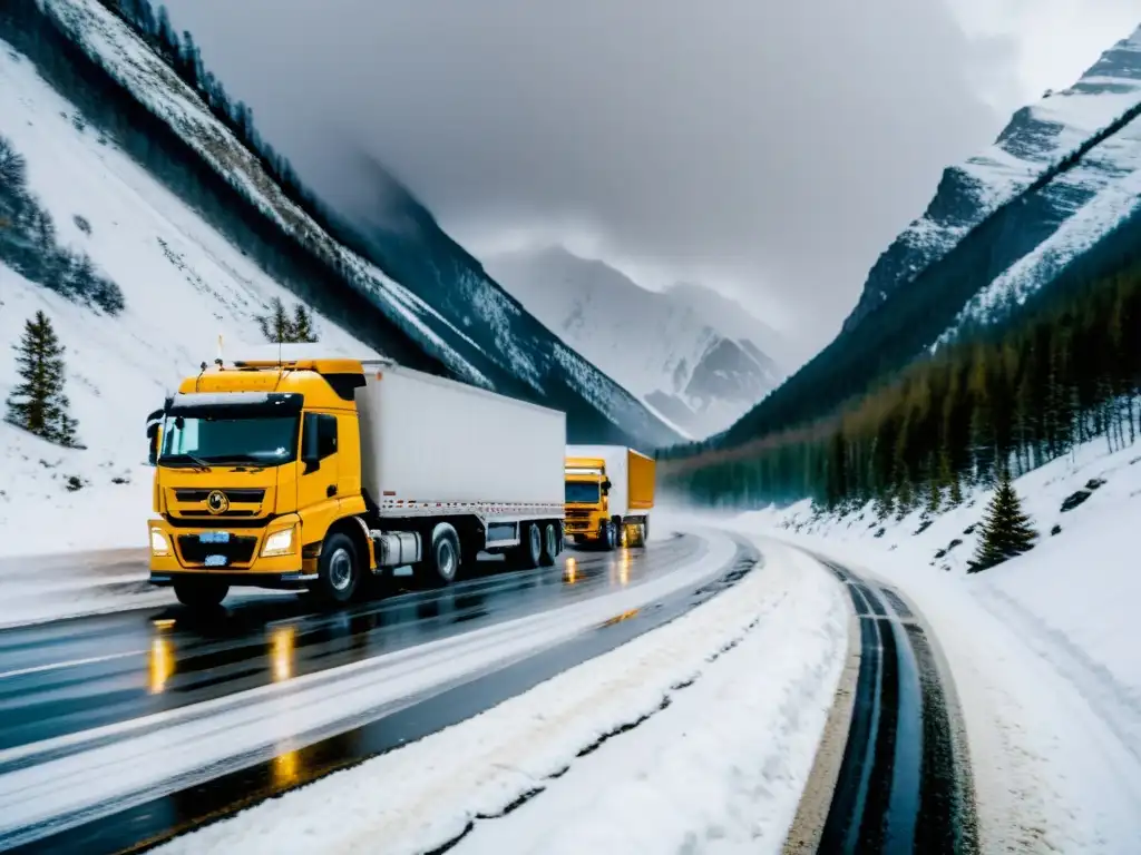 Un convoy de camiones de carga enfrentando una tormenta de nieve en un paso montañoso, con condiciones extremas para el transporte de mercancías