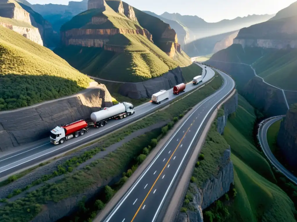 Convoy de camiones cisterna transportando cargas peligrosas en terreno montañoso, destacando la planificación de itinerarios para su transporte seguro