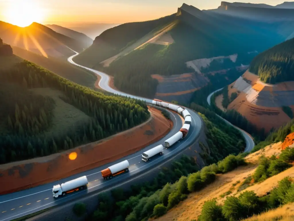 Convoy de camiones cisterna en un paso montañoso peligroso al atardecer, resaltando la importancia de los protocolos transporte materiales peligrosos