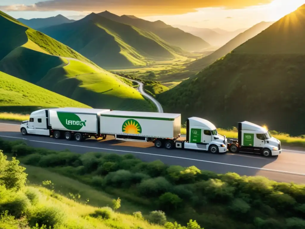 Convoy de camiones eléctricos de carga pesada con certificaciones ambientales, surcando un paisaje montañoso verde al atardecer