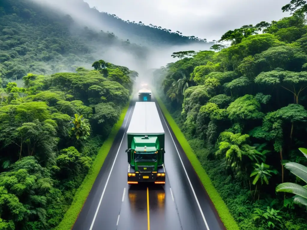 Convoy de camiones especializados con medidas avanzadas de protección ambiental, transportando sustancias nocivas en un frondoso bosque