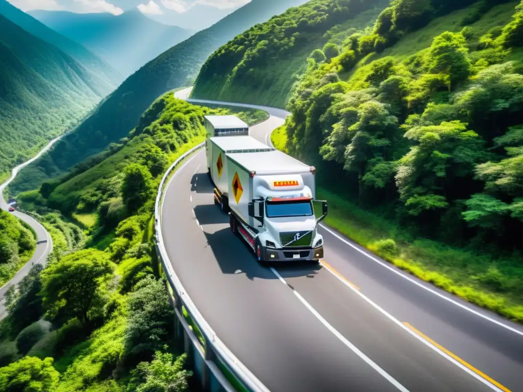 Un convoy de camiones especializados en transporte sostenible de sustancias nocivas recorre una ruta montañosa, rodeado de exuberante vegetación