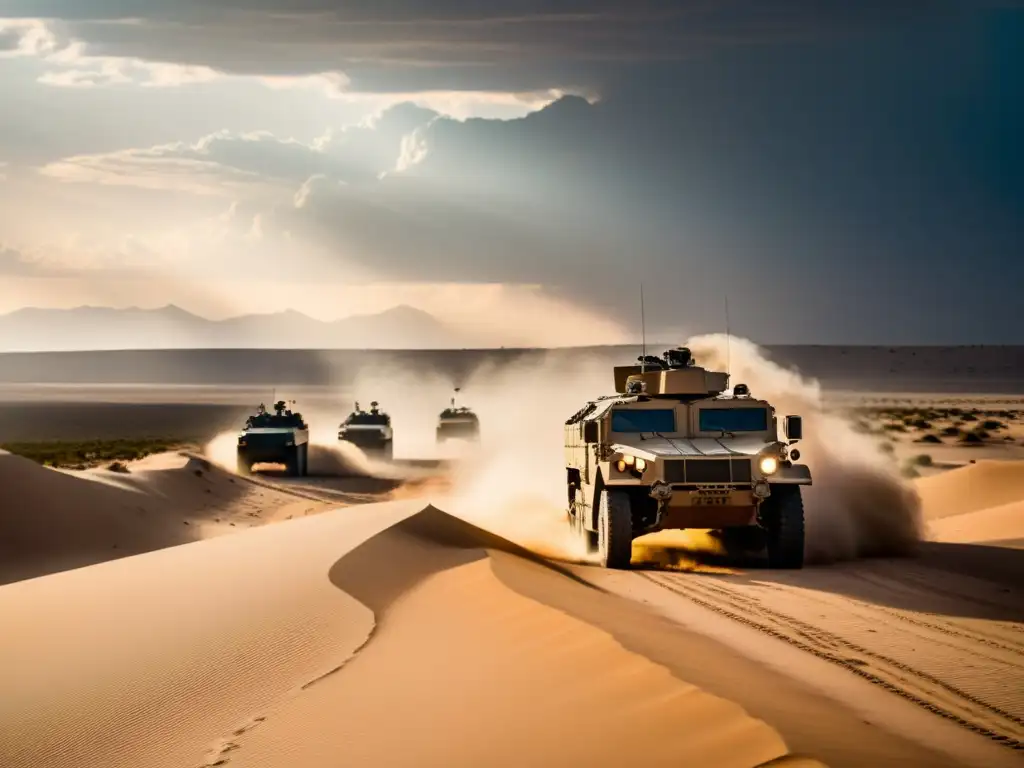 Convoy militar del Afrika Korps desafía logístico en el desierto, con vehículos y calor del sol reflejándose en el metal