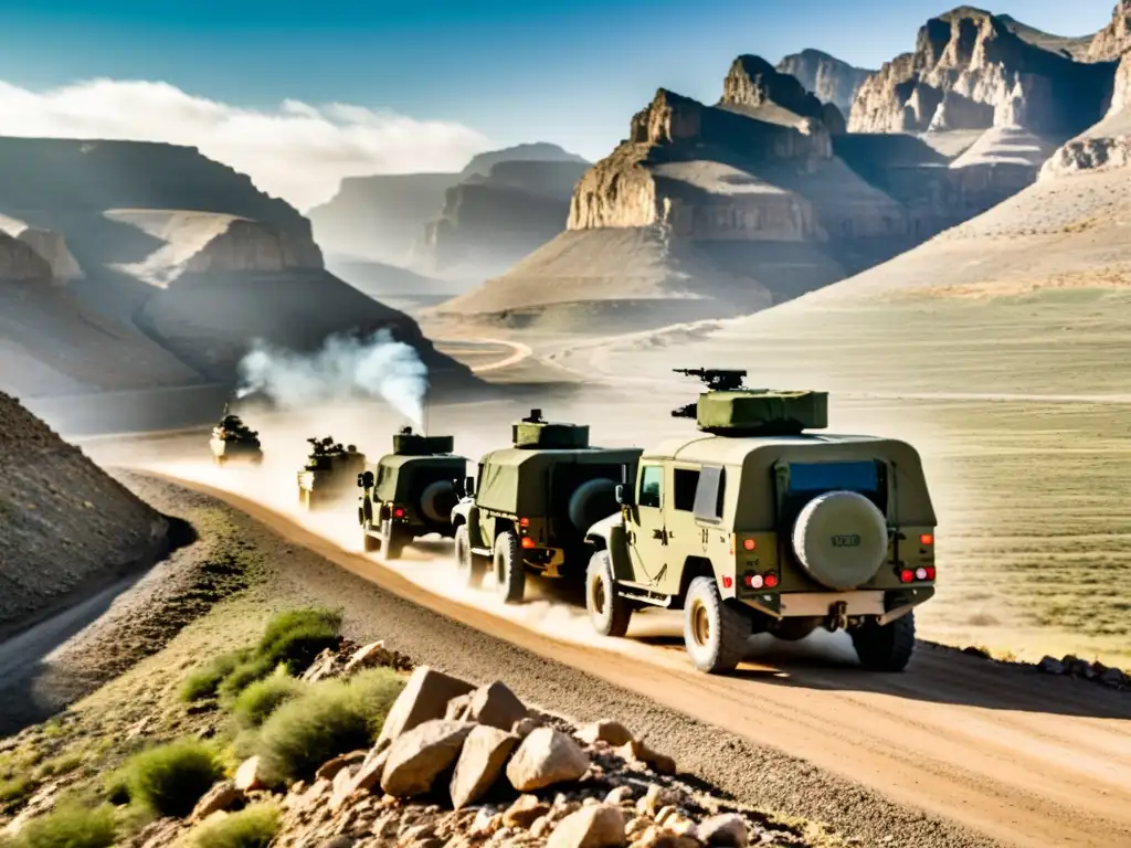 Un convoy militar avanza por un paso montañoso, enfrentando los desafíos del transporte del ejército a gran escala